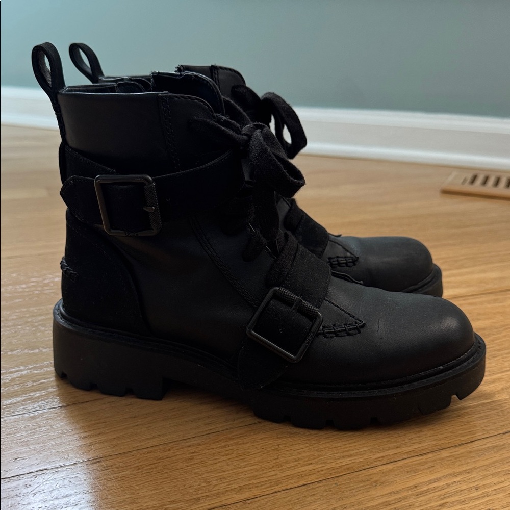UGG Black Leather Lace-Up Ankle Boots with Buckle - Picture 5 of 6